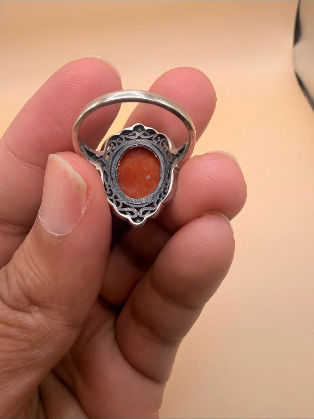 925 Sterling Silver Orange Jade Ring Size 10.5.